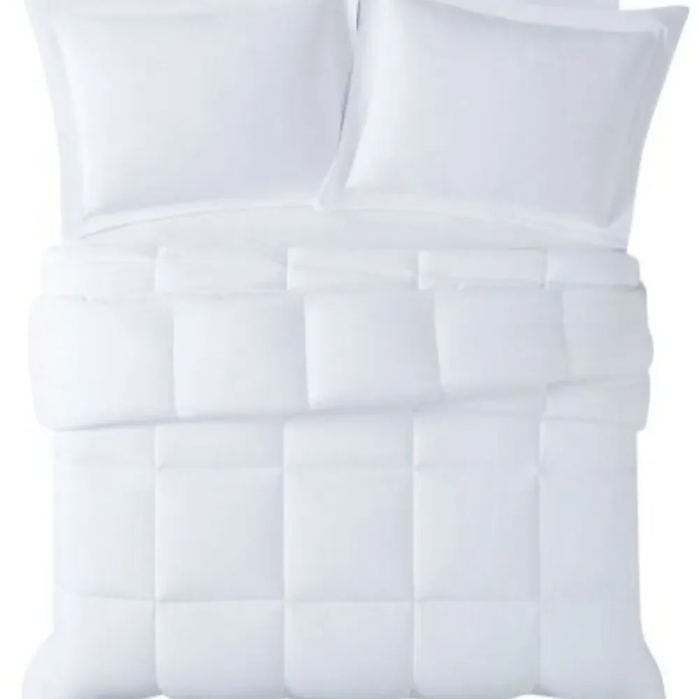 Three piece white antimicrobial odor control comforter set.  From Home Depot